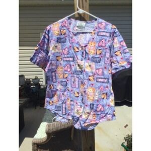 Crest cotton large scrub top womens nurse button pocket komen pink ribbon heart